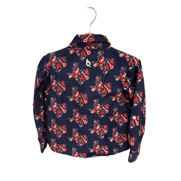 BlueQuail Toddler Boys Navy Button-Up Shirt W/ Holiday Print UPF 50+ Long Sleeve - Picture 2 of 6